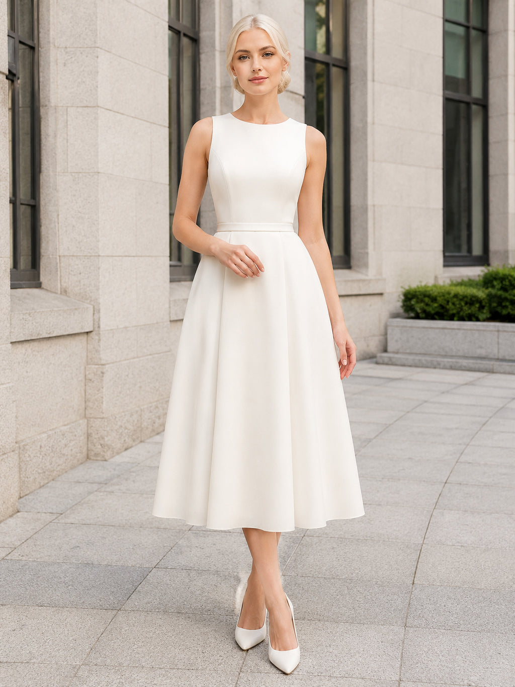 Affordable Courthouse Jewel Neck A-Line Midi Wedding Dress front view