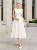 Affordable Courthouse Jewel Neck A-Line Midi Wedding Dress front view