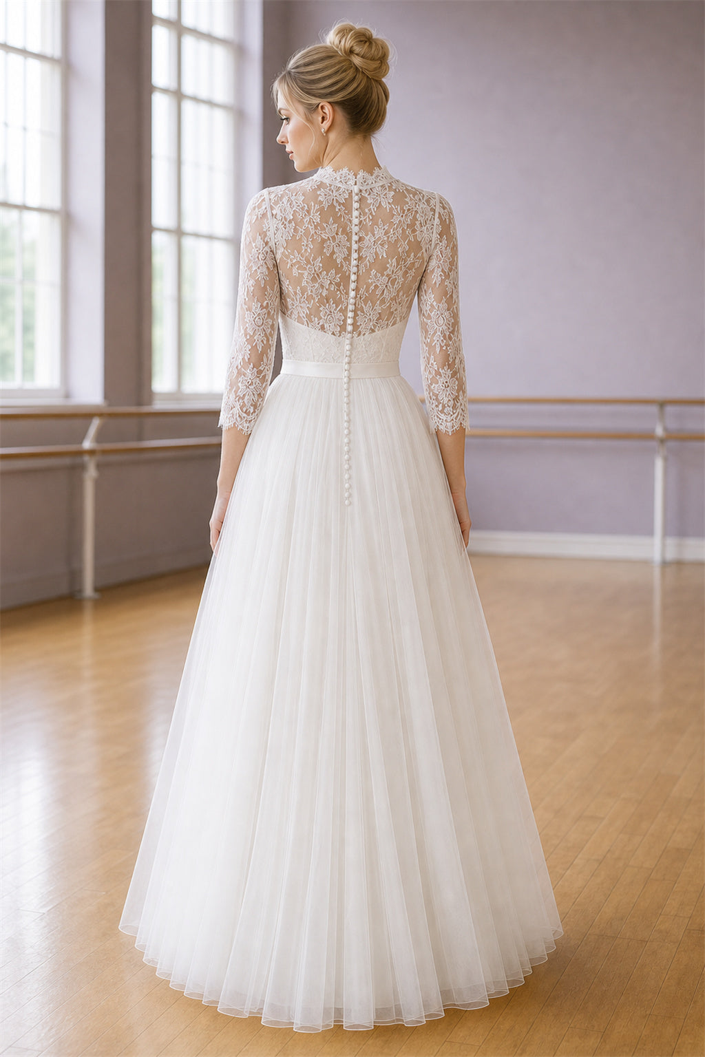 Champagne Bateau Three-Quarter Sleeves Sheath Crepe Floor-length Wedding Dress With Lace Bodice and Sweep Train and Open Back