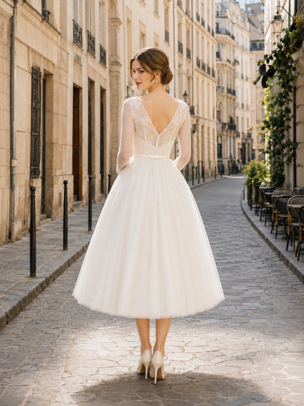 Vintage Tulle Wedding Dress A-Line V-Neck Long Sleeve Tea Length Bridal Gown back view