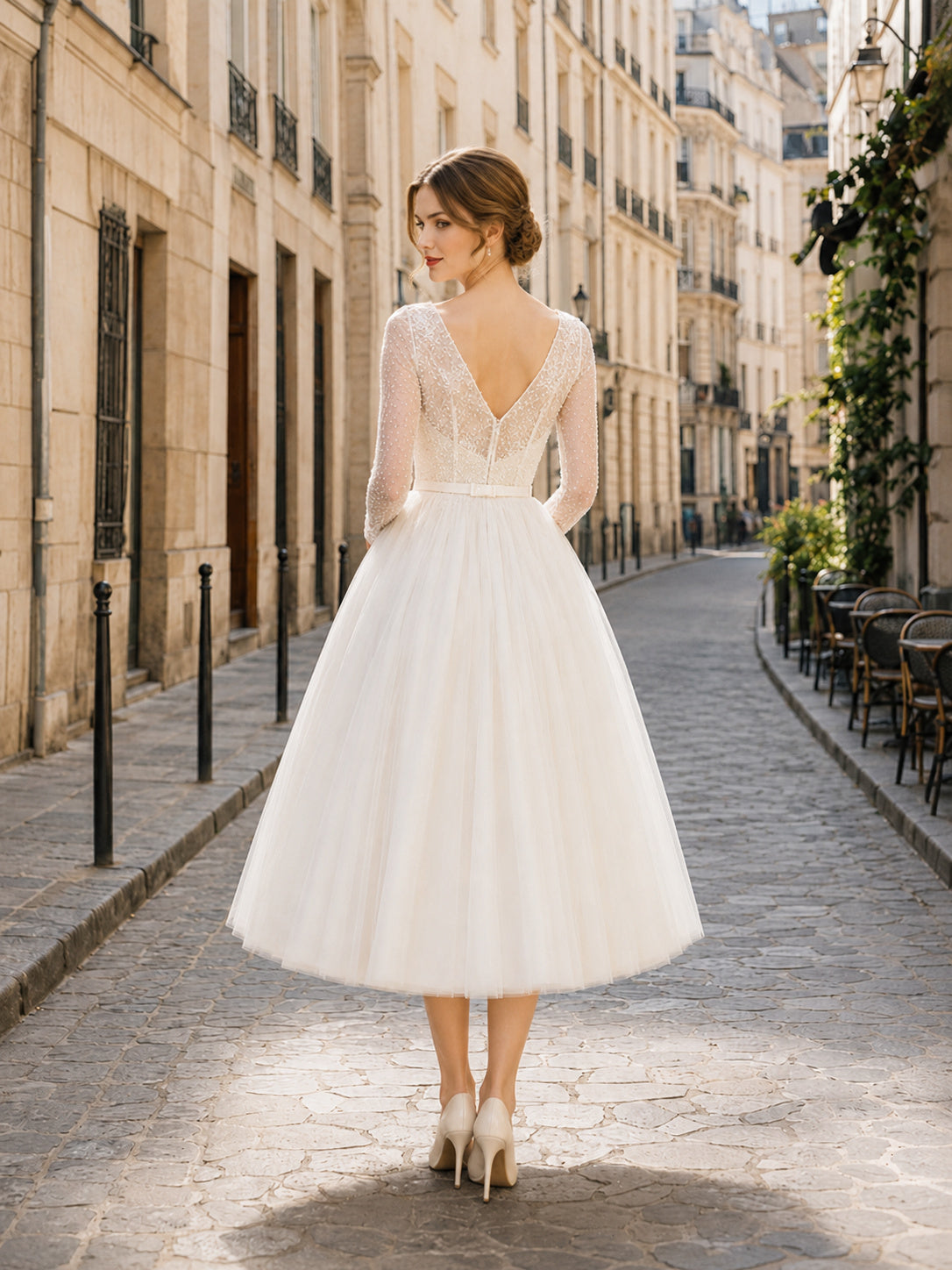 Vintage Tulle Wedding Dress A-Line V-Neck Long Sleeve Tea Length Bridal Gown back view