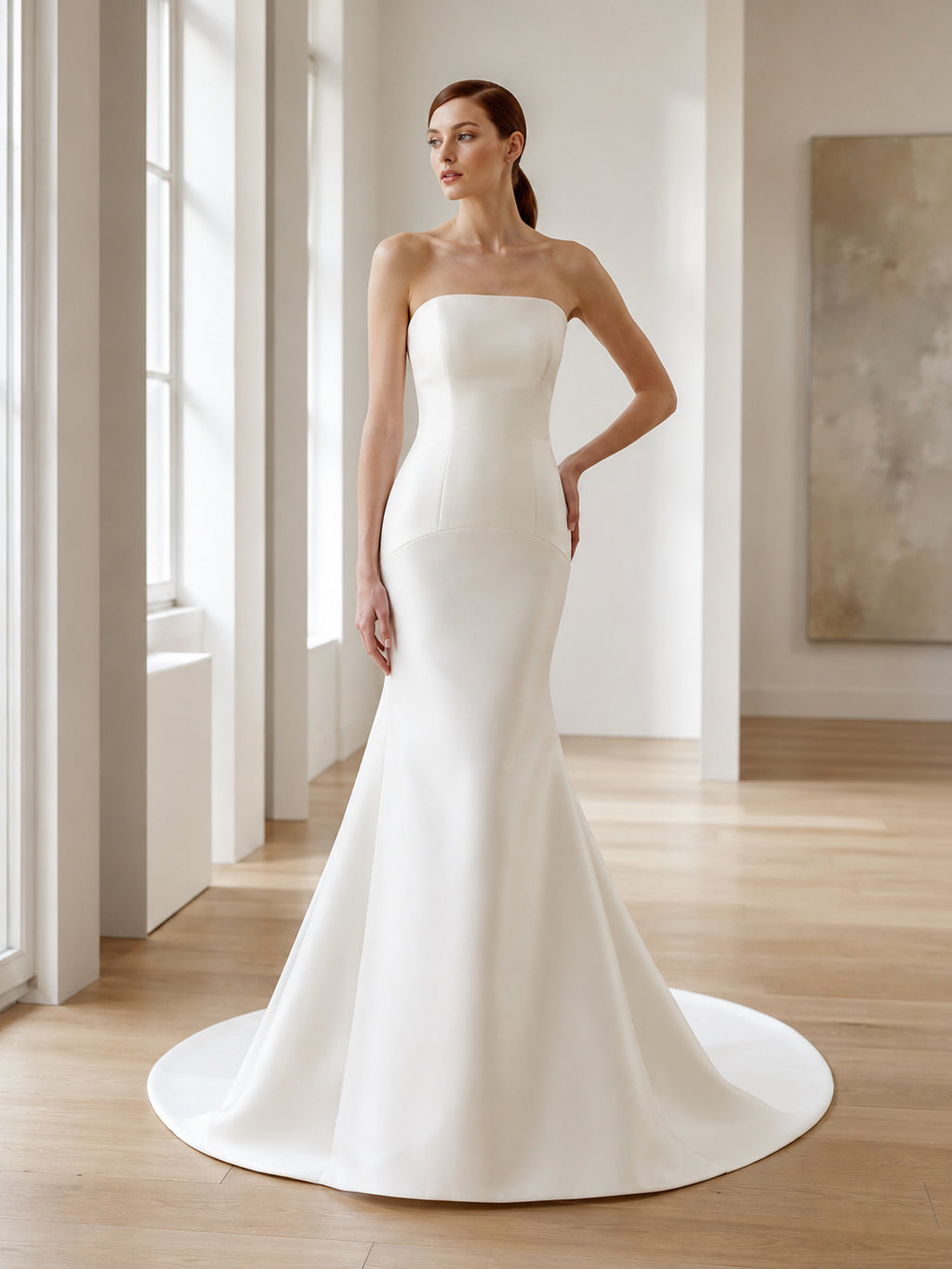 Modern Strapless Straight Neck Satin Mermaid Sweep Train Wedding Dress front view