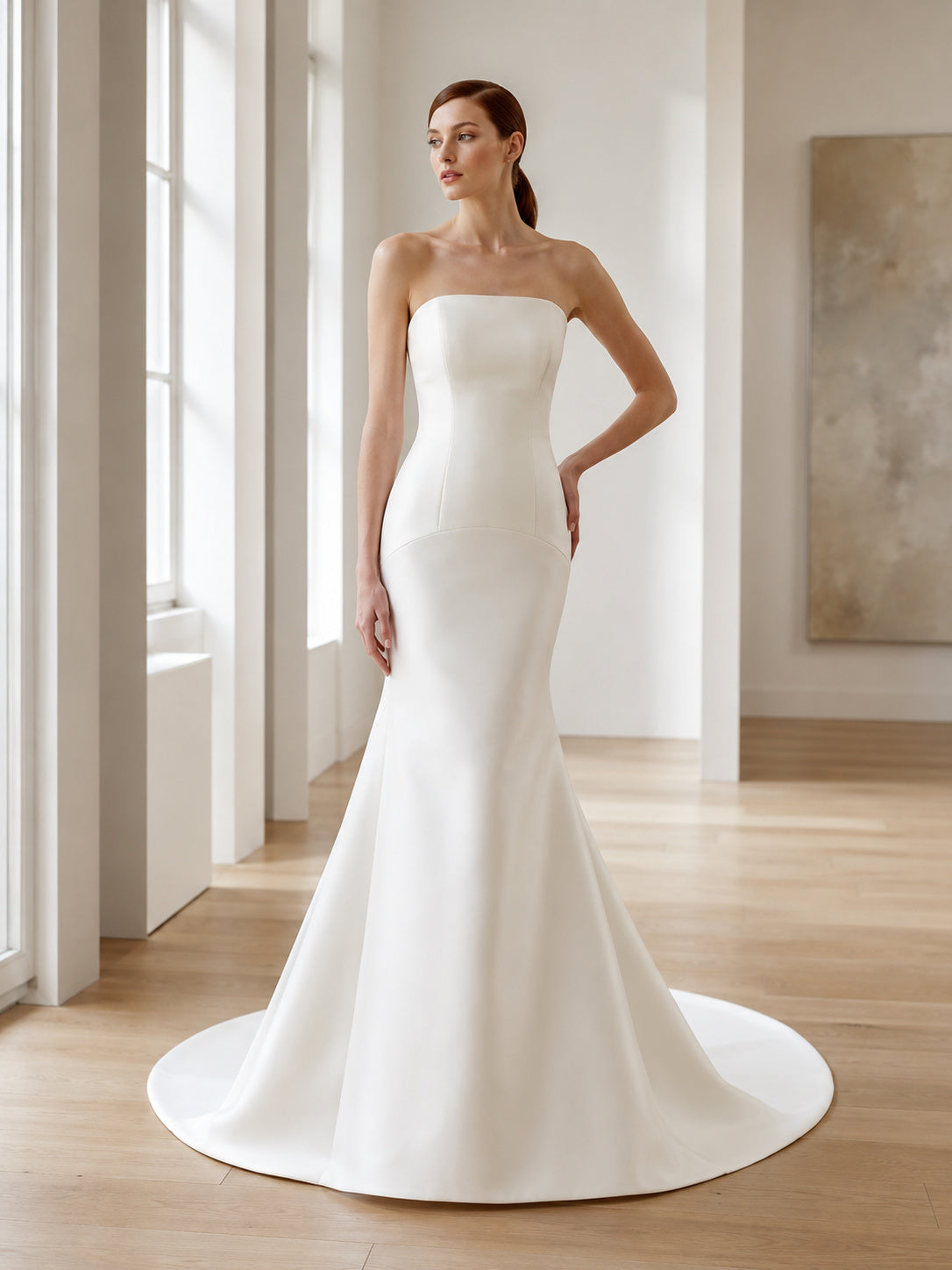 Modern Strapless Straight Neck Satin Mermaid Sweep Train Wedding Dress front view