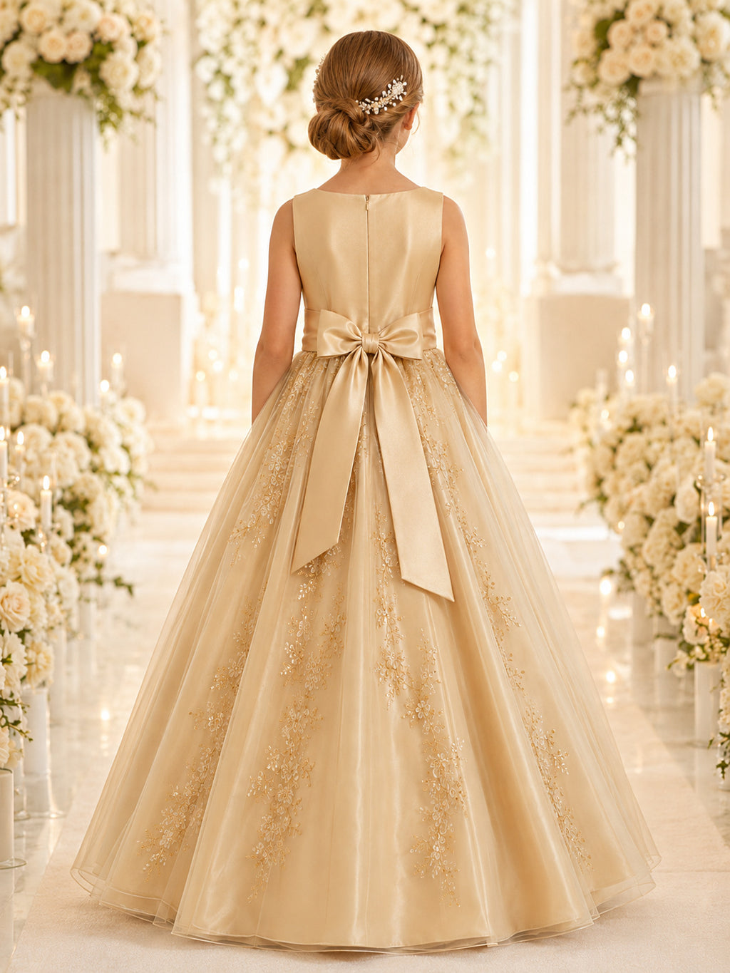 A-Line Champagne Satin Flower Girl Dress Jewel Neckline Floor-length and A Satin Sash And Bow Accent back view