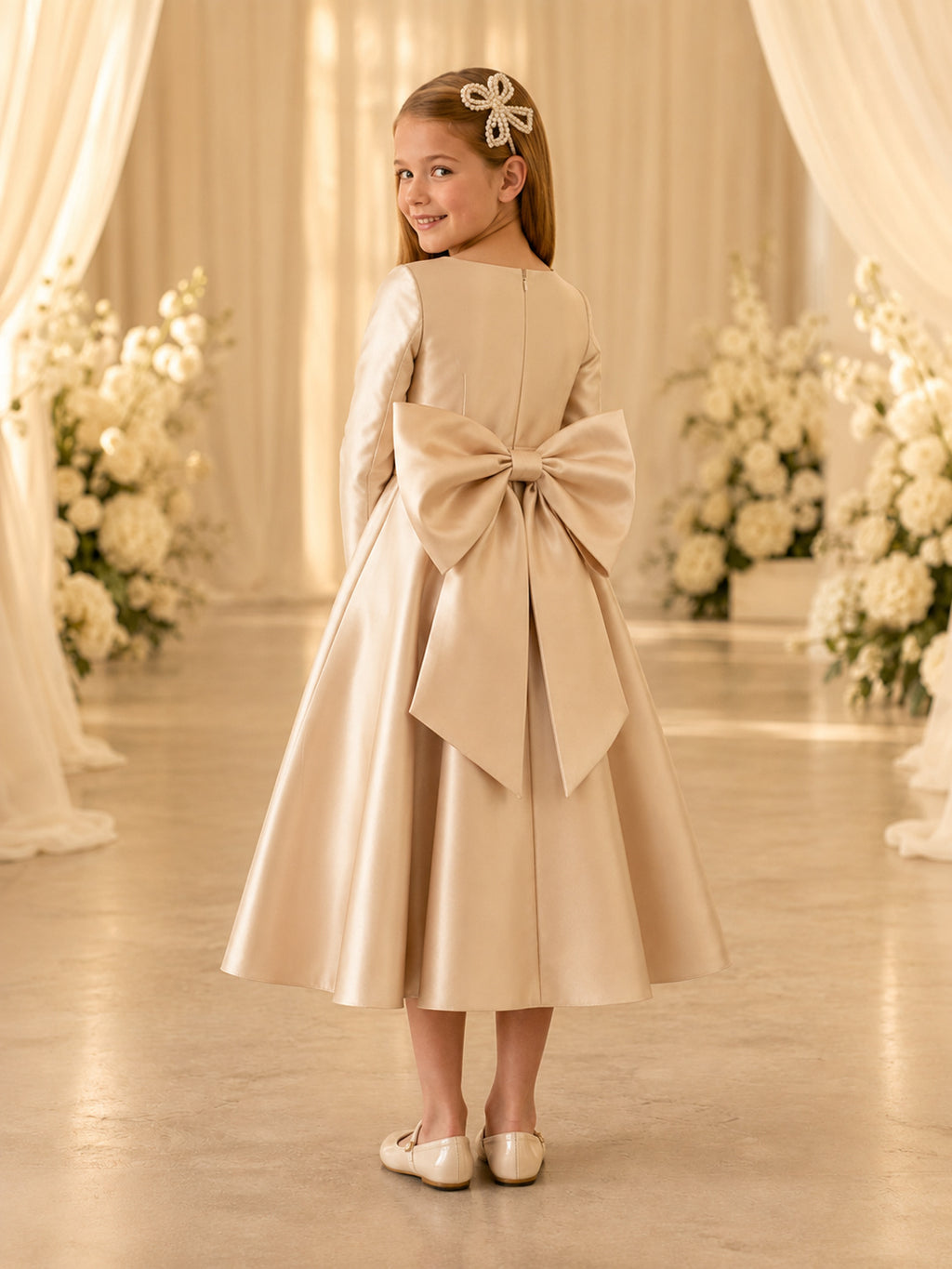 Elegant Romantic Champagne Satin Long Sleeve A-Line Flower Girl Tea-Length Reception Bow Dress back view