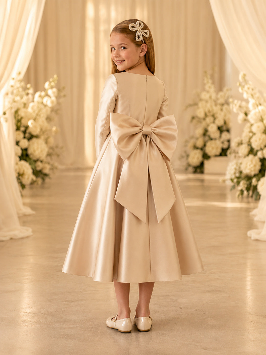 Elegant Romantic Champagne Satin Long Sleeve A-Line Flower Girl Tea-Length Reception Bow Dress back view