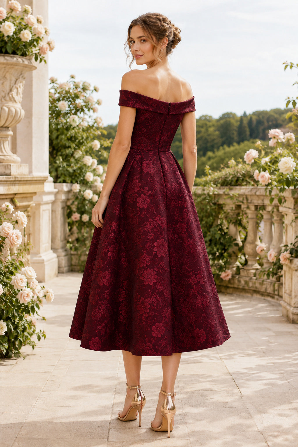 Wedding Guest Dress Burgundy Taffeta A-Line Off Shoulder Short Sleeve Tea Length back view