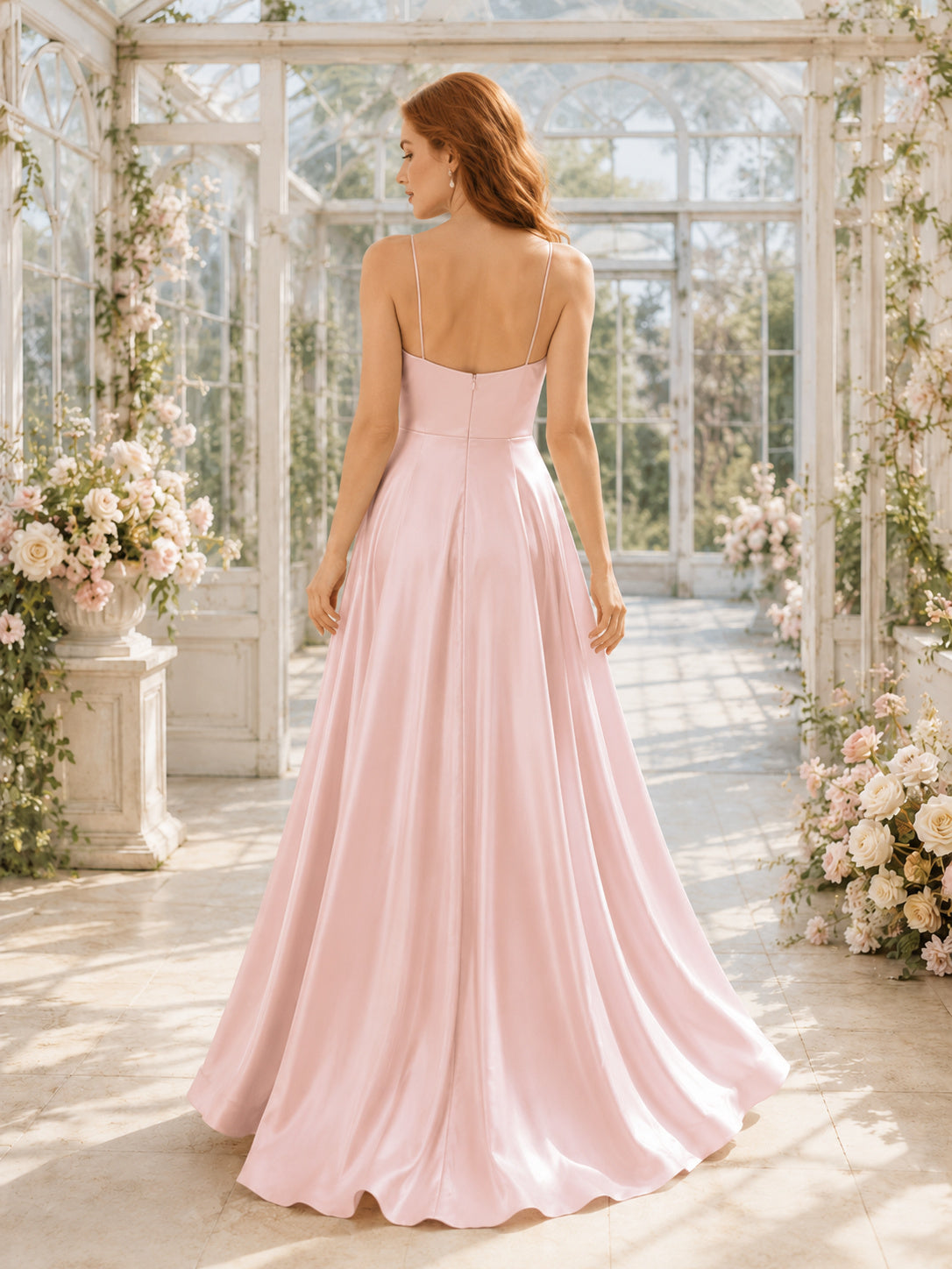 Blushing Pink Cowl Spaghetti Strap Ruched Satin A Line Wedding Dress back view