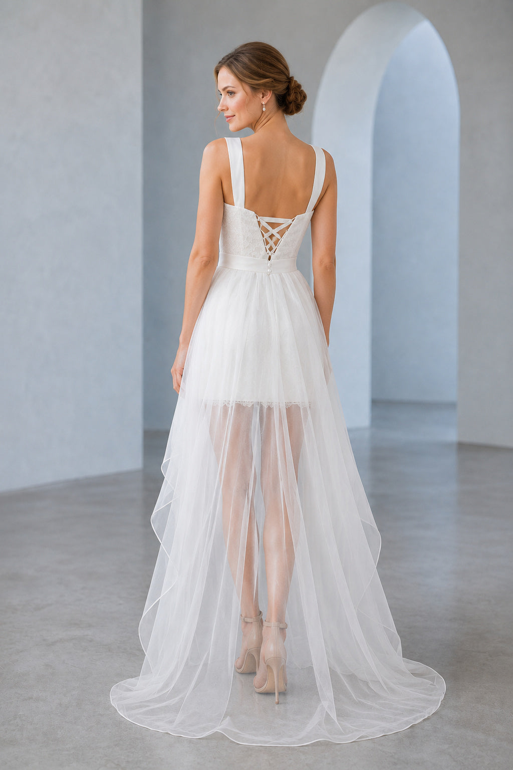 White Scoop Spaghetti Straps A-Line Tulle High-low Dress With High-Low Skirt and Sash and Lace-up Back
