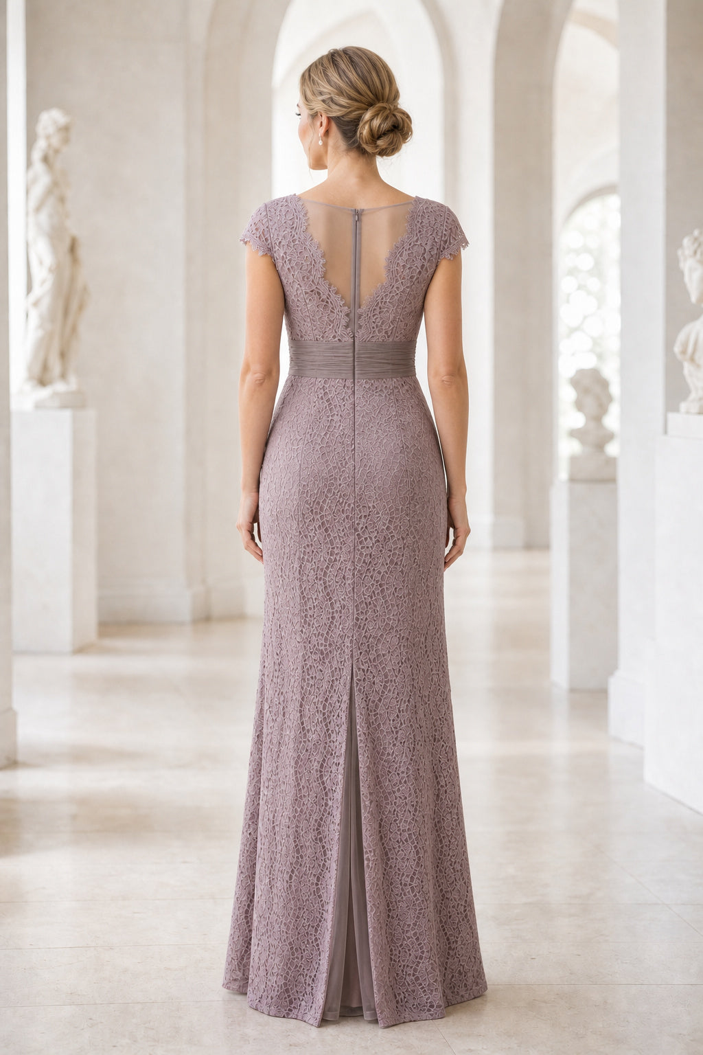 Mauve Bateau Cap Sleeve Sheath Lace Floor-Length Dress With Front Slit