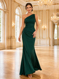 Dark Green Grand Ballroom Wedding Guest Bridesmaid Evening Formal Dress Mermaid Trumpet Floor-Length One-Shoulder Sleeveless