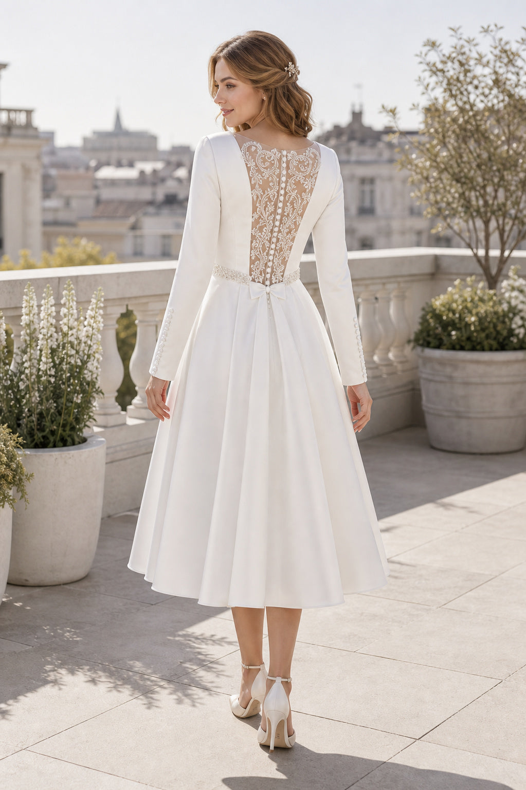 White Off-the-shoulder Mermaid Crepe, Lace Floor-length Wedding Dress With Lace and Floral Appliques and Open Back