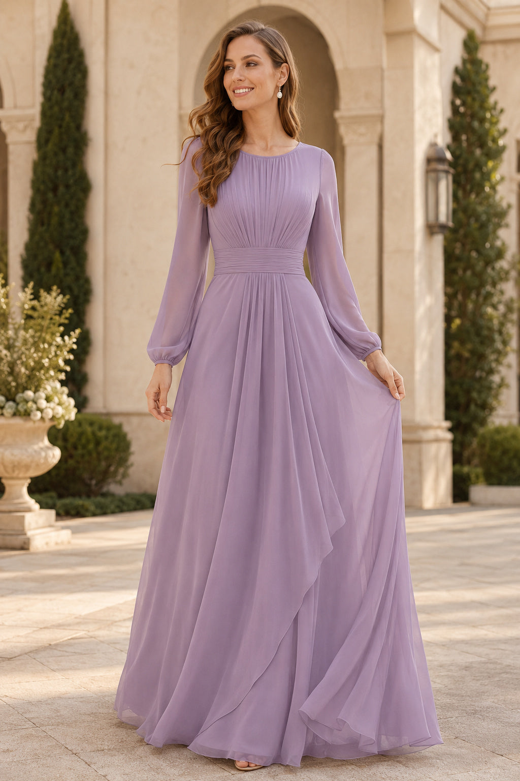 Lavender Jewel Neck Chiffon A-Line Bridesmaid Dress with Long Sleeves and Front Ruffle front view