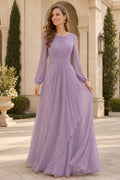 Lavender Jewel Neck Chiffon A-Line Bridesmaid Dress with Long Sleeves and Front Ruffle front view