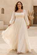 Plus Size Square Neck Long Sleeve Boho Wedding Dress with Lace Bodice front view