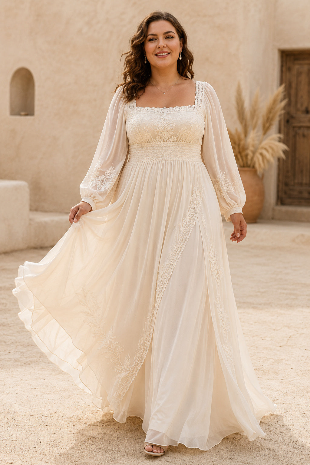 Plus Size Square Neck Long Sleeve Boho Wedding Dress with Lace Bodice front view