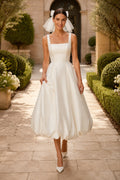 Square Neck Tea Length Satin Wedding Dress front view