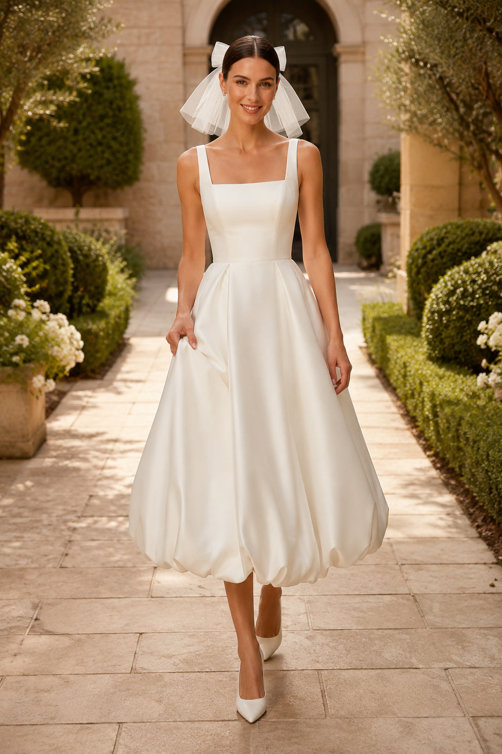 Square Neck Tea Length Satin Wedding Dress front view