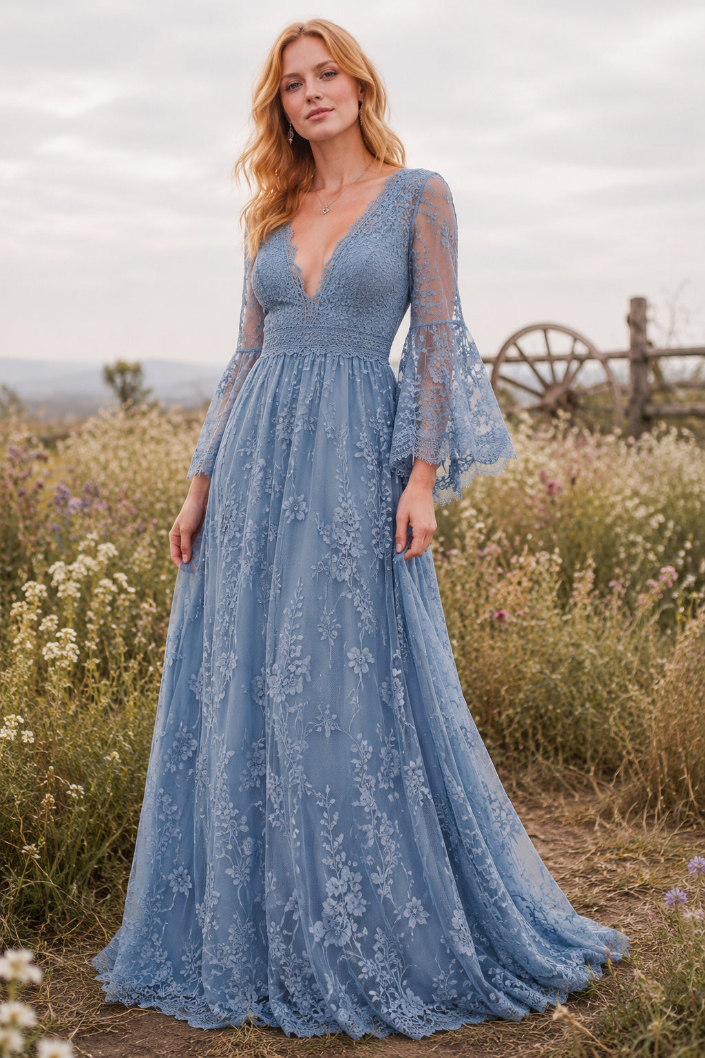 Steel Blue Long Sleeve A-Line Formal Dress with V-Neck Lace Overlay and Sweep Train front view