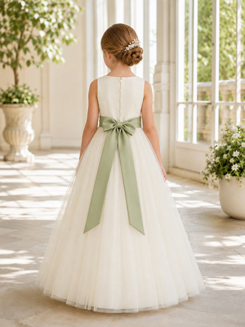 Ivory Bow Sash Tulle A-Line Flower Girl Dress with Jewel Neck, Sleeveless, and Floor-length Skirt back view