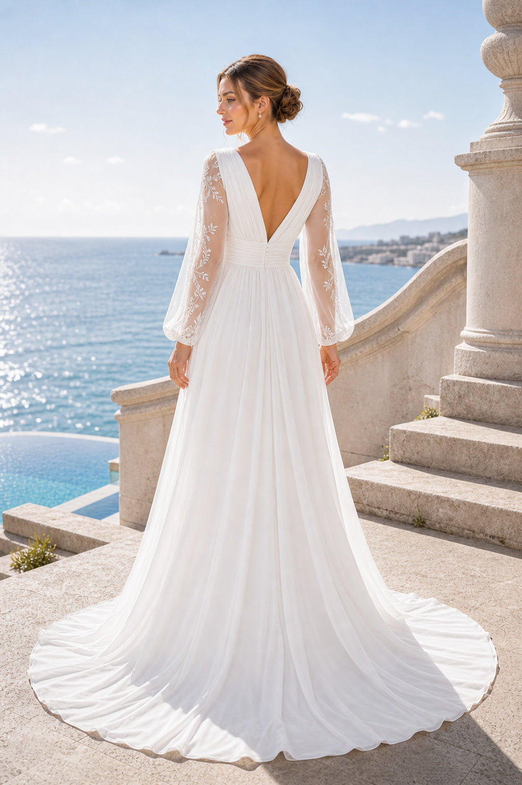 White Scoop Cap Sleeves A-Line Crepe Floor-length Wedding Dress With Layered Skirt and Beaded Bodice and Open Back Lace Hem Detail