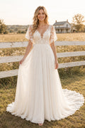 Flutter Sleeve V-Neck A-Line Wedding Dress with Lace Bodice and Soft Tulle Train front view