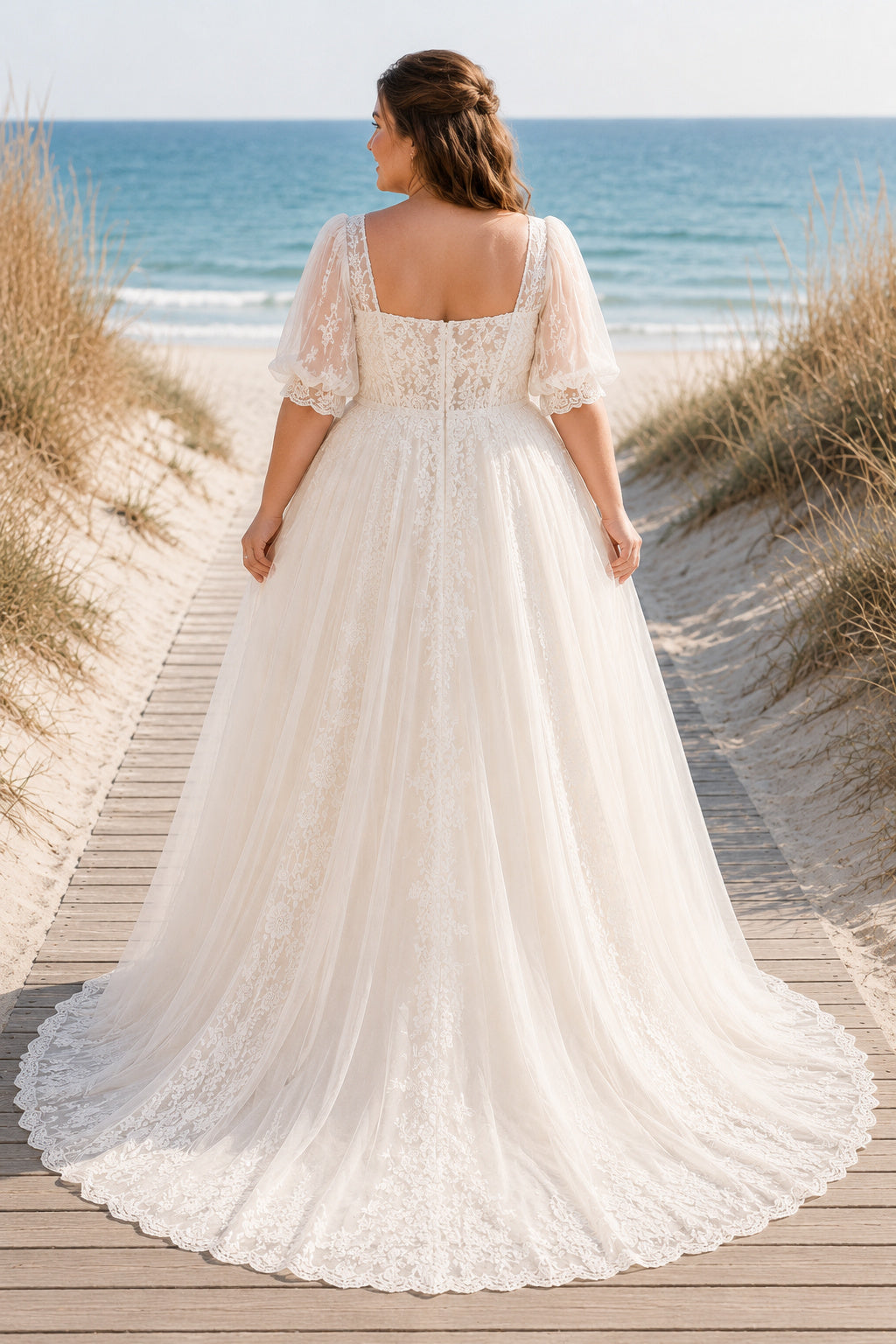 Plus Size Ivory Square Neck Puff Sleeve Lace Tulle A-Line Wedding Dress with Puff Sleeves and Lace Sweep Train back view