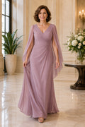 Vintage Mauve V-Neck Sheath Mother Dress with Chiffon Cape Sleeves and Ruching for Evening Reception front view