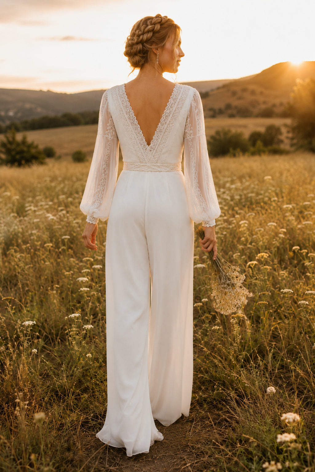 Ivory Long Sleeve Lace Bridal Jumpsuit with Belted Waist and Wide Pants back view