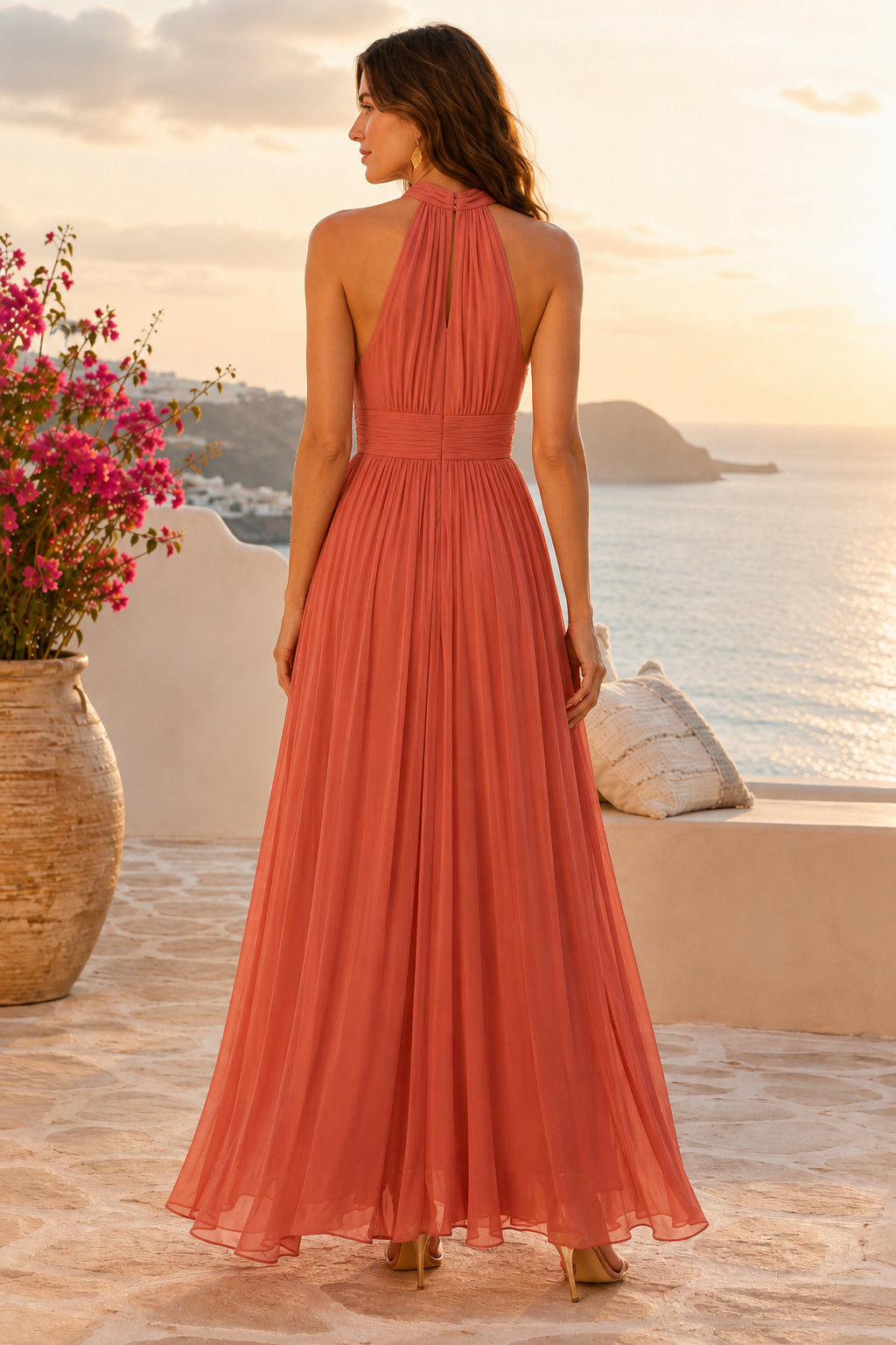 Coral Halter Chiffon A-Line Formal Dress back view