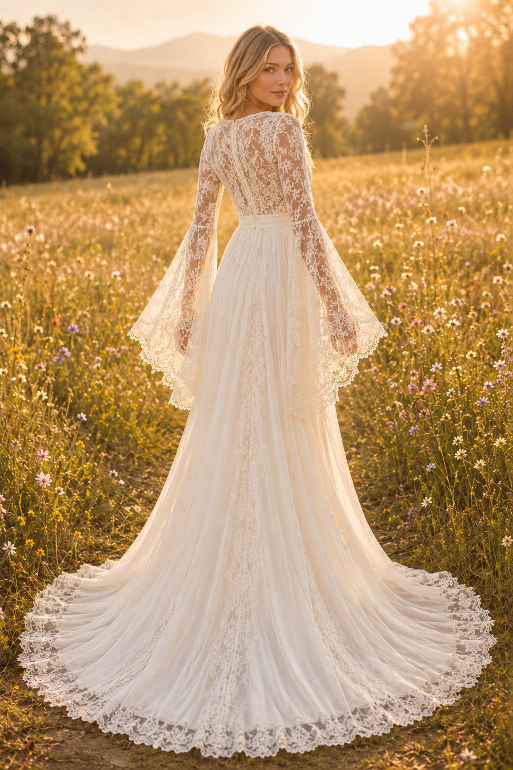 Ivory Long Bell Sleeve V-Neck Lace A-Line Wedding Dress Train for Wedding Ceremony and Reception Style MG_701461 back view