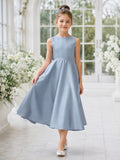A-Line Flowergirl Satin Tea-Length Sleeveless Blue Minimalist Wedding Dress with Bow Back front view