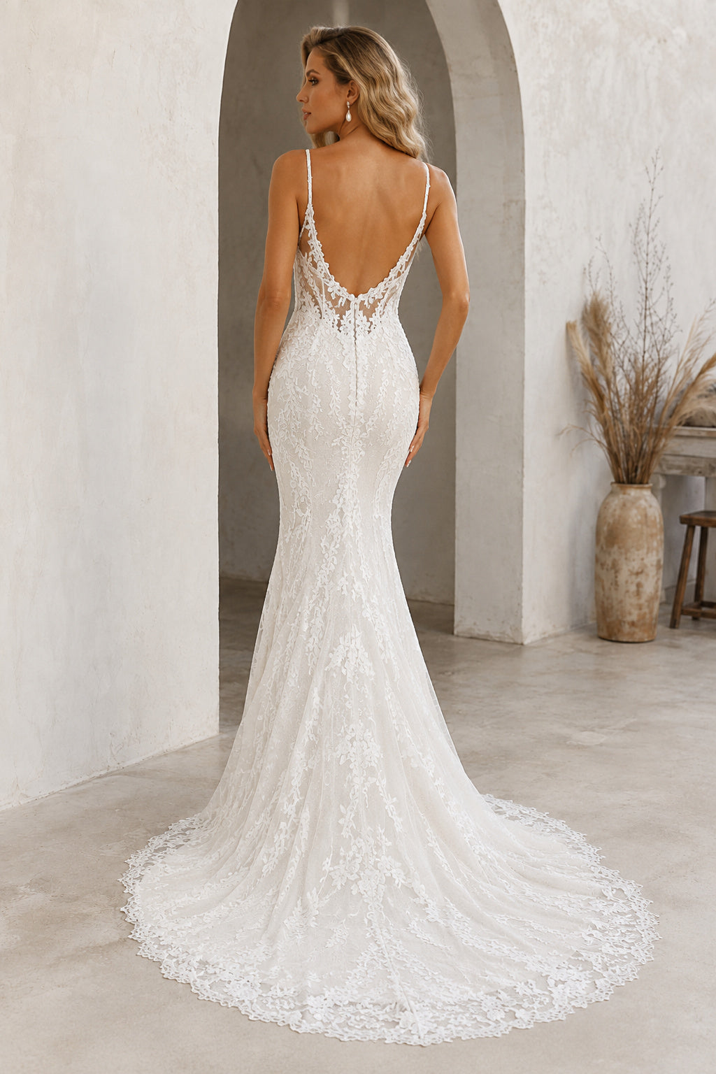 Ivory Spaghetti V-Neck Lace Mermaid Wedding Dress Split Chapel Train for Wedding Ceremony and Reception back view