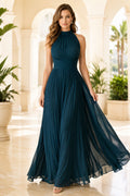 Dark Green Halter Chiffon A-Line Bridesmaid Dress with Pleated High Neck and Open Back front view