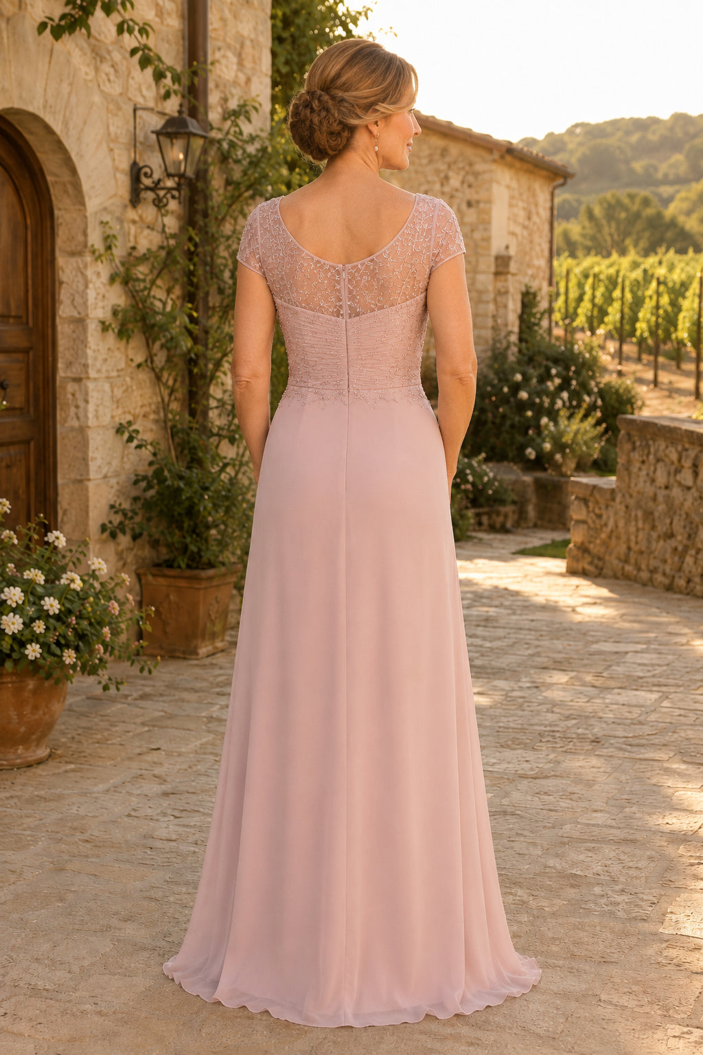 Pearl Pink Square Neck Chiffon A-Line Mother Dress with Lace Cap Sleeves and Side Drape back view