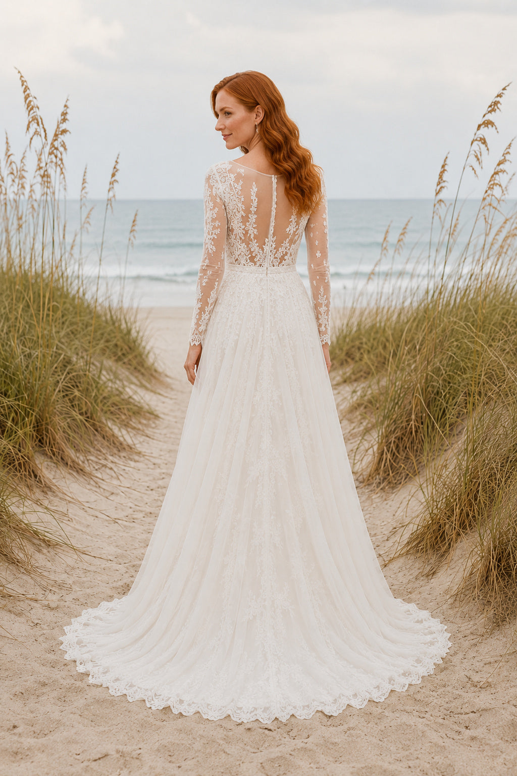 Ivory Long Sleeve Lace Bodice A-Line Wedding Dress Split Front Train for Bridal Ceremony and Reception back view