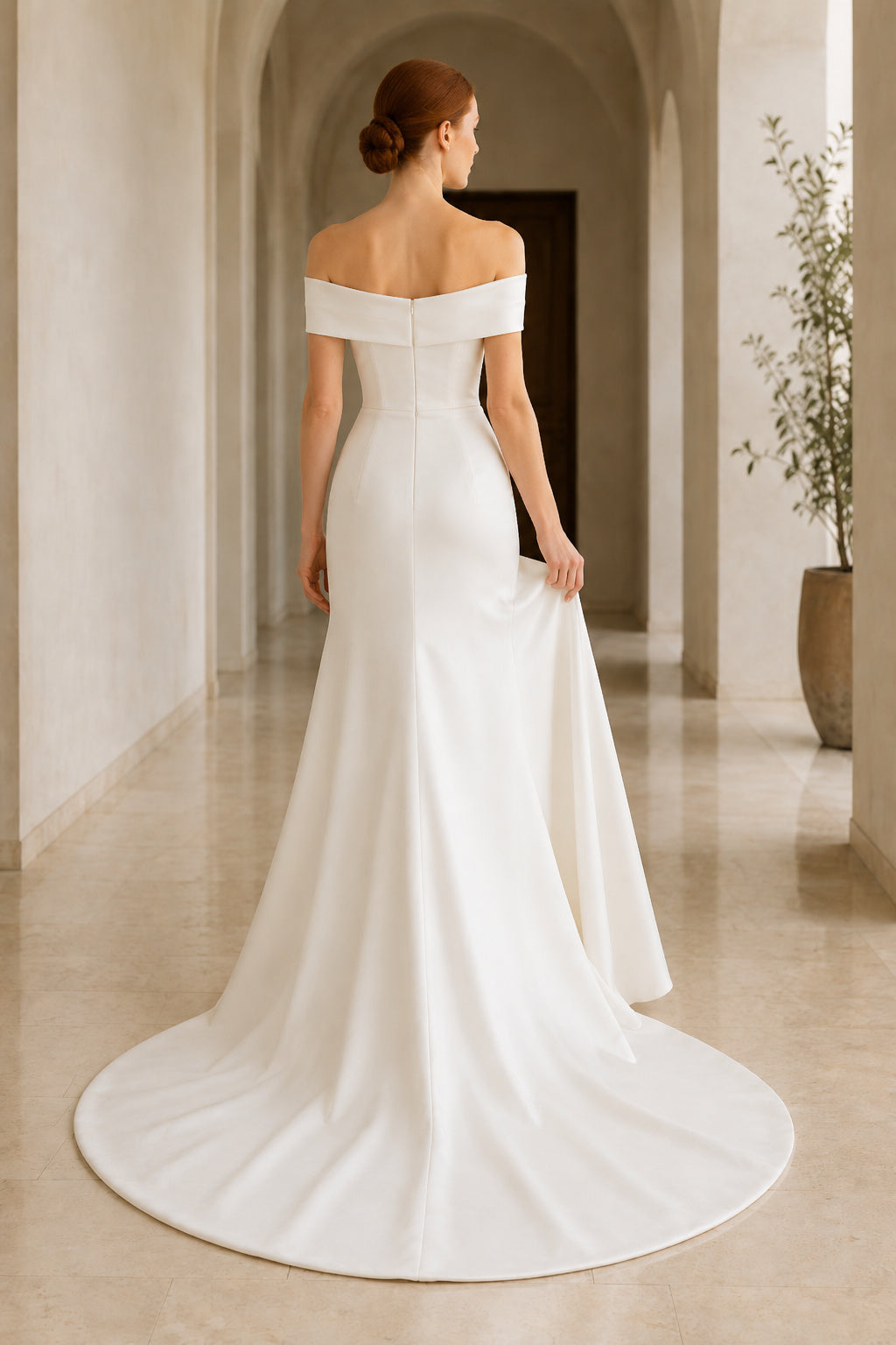 Off-the-Shoulder Satin Mermaid Wedding Dress with Court Train back view