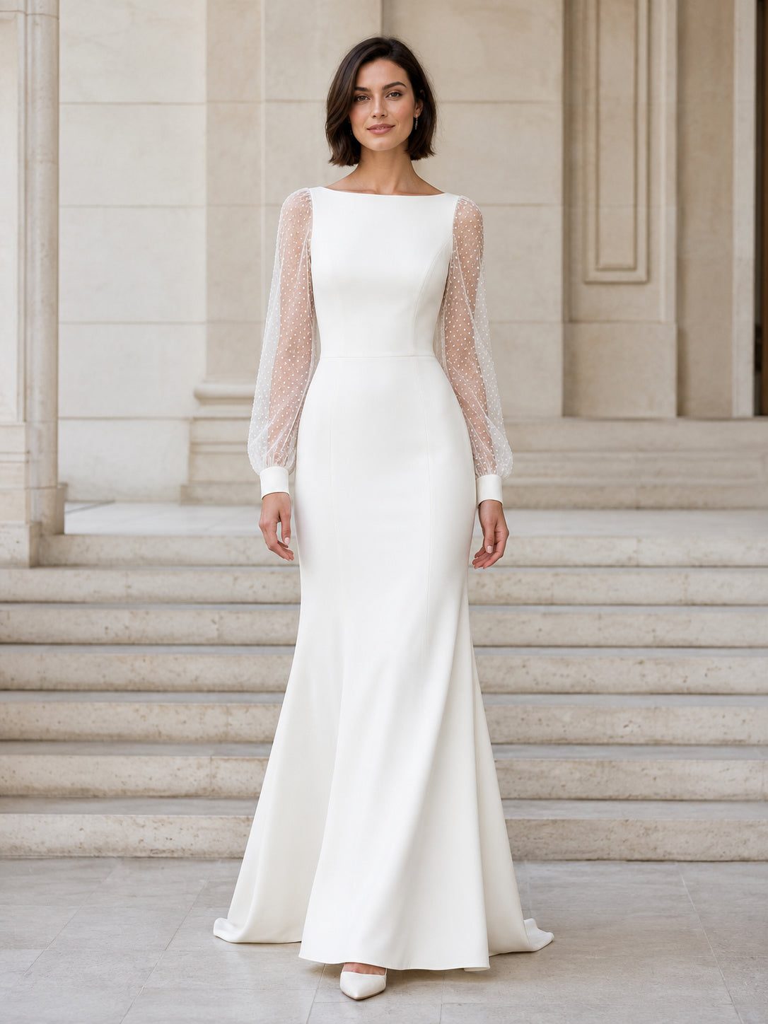 Modern Bateau Long Illusion Sleeve Satin Mermaid Button Wedding Dress front view