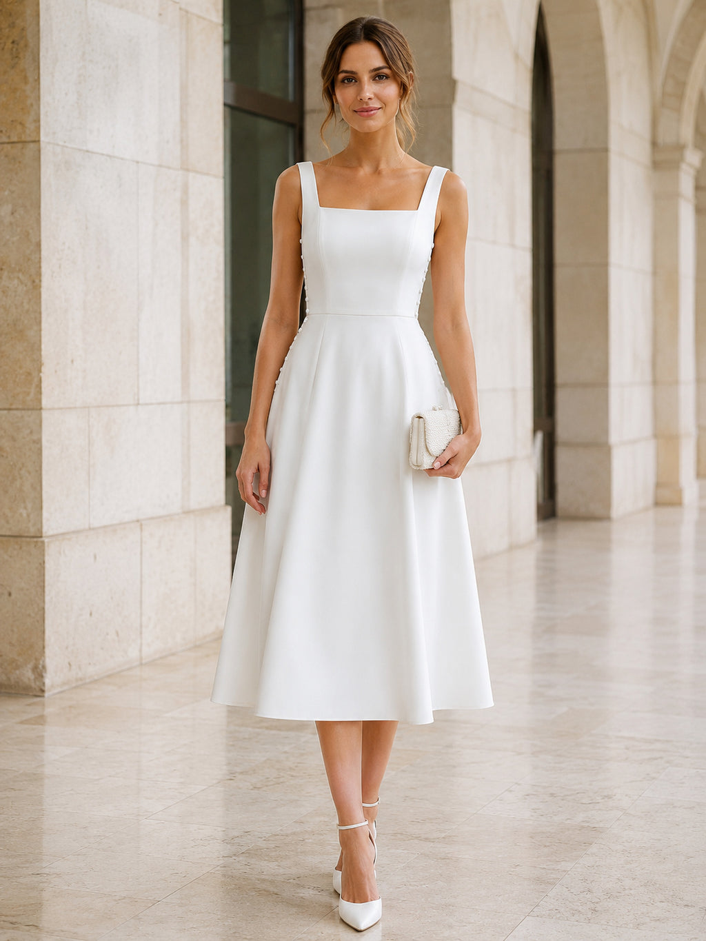 Polished Civil Satin A Line Square Neck Straps Tea Length Wedding Dress front view