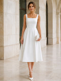 Polished Civil Satin A Line Square Neck Straps Tea Length Wedding Dress front view