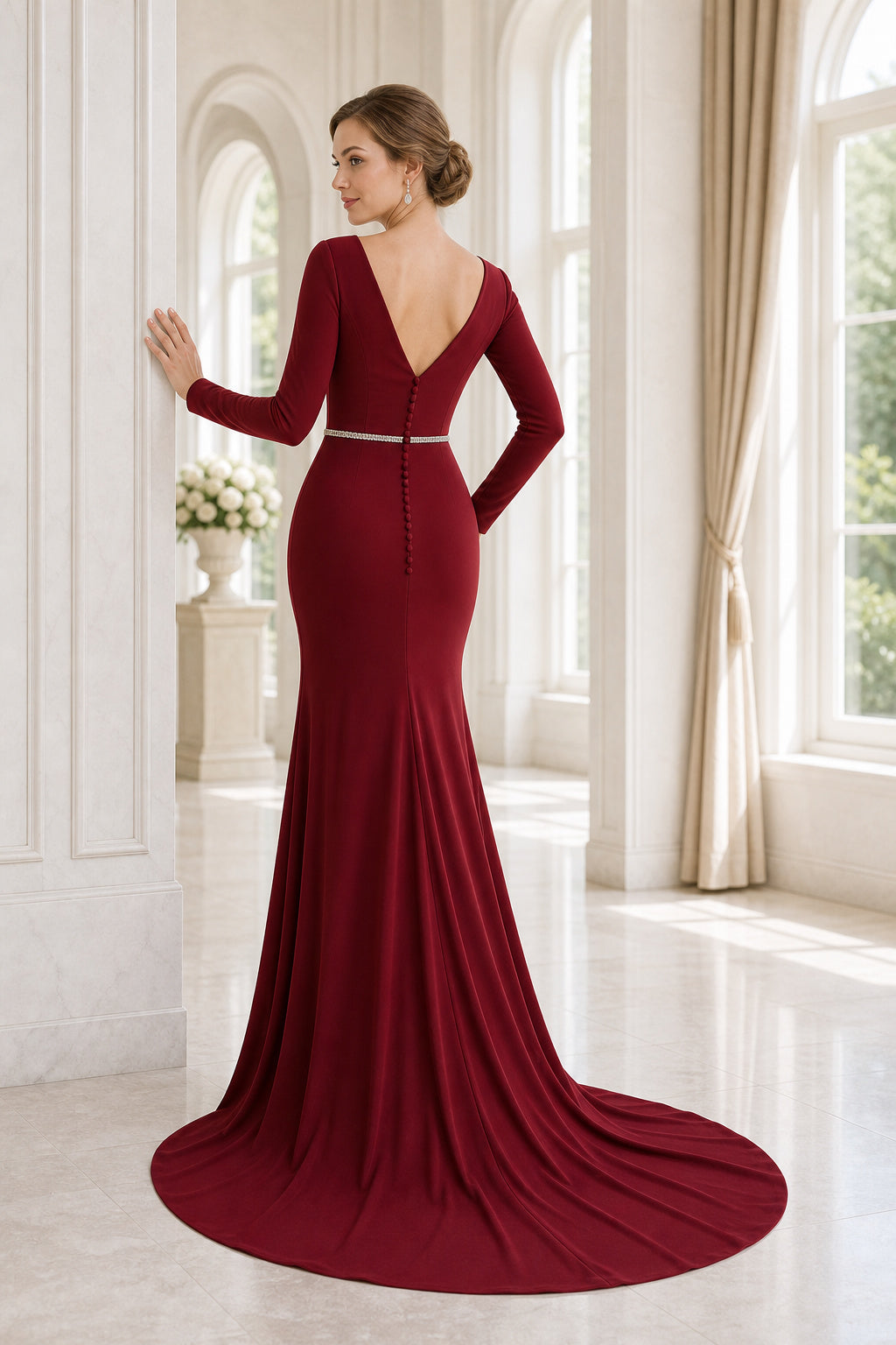 Burgundy Bateau Long Sleeve Mermaid Floor-Length Dress With Open Back