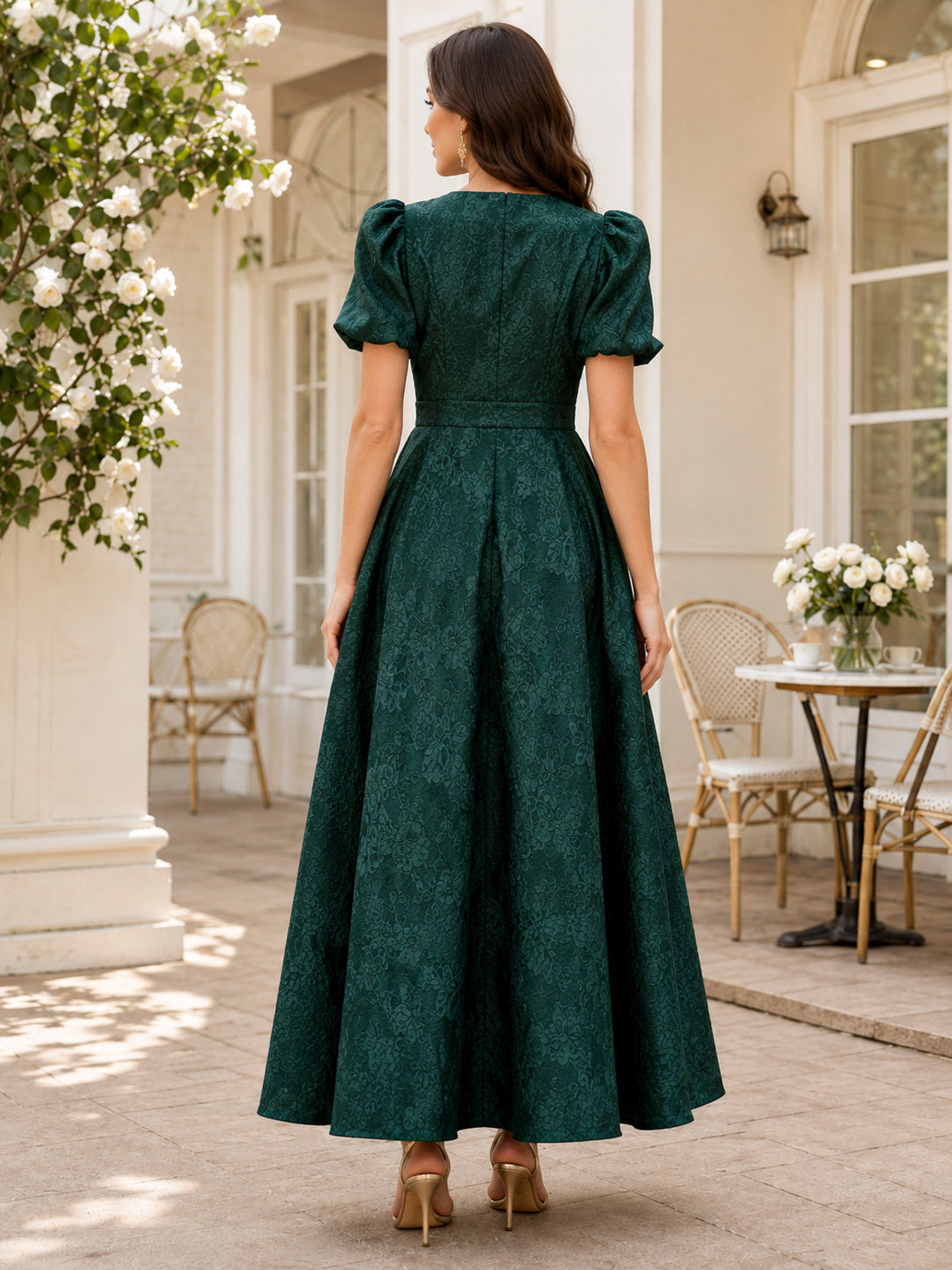 Dark Green V Neck Puff Sleeve Jacquard A Line Guest Dress back view