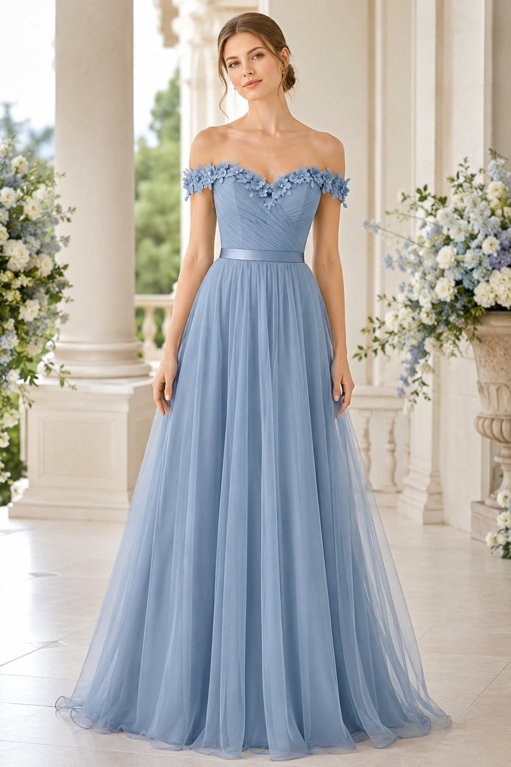 Steel Blue Off Shoulder Lace Bodice with Floor Length Tulle Skirt Floor Length A-Line Bridesmaid Dress front view