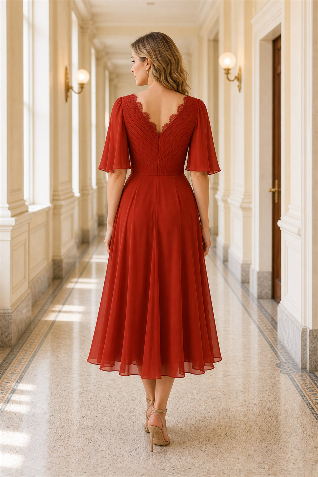 V-neck Flutter Sleeve A-Line Chiffon Tea-Length Dress