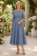 Steel Blue Tea Length Lace Mother Dress with Three Quarter Sleeves and A-Line Skirt front view