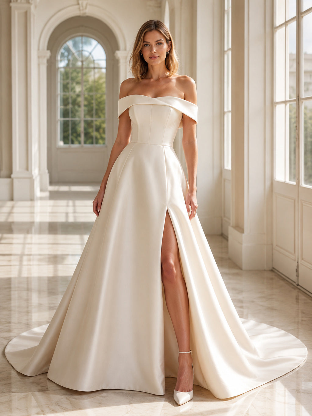 Satin Wedding Dress A-Line Off Shoulder Floor Length with Slit Low V Back Bridal Gown front view