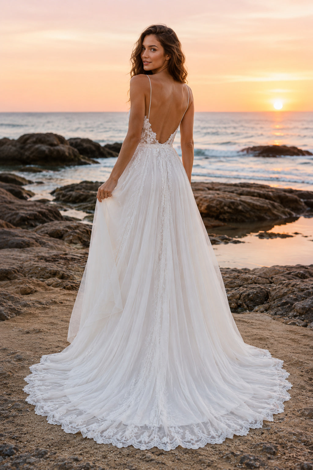 Ivory Spaghetti V-Neck Lace Tulle A-Line Wedding Dress Chapel Train for Bridal Ceremony and Reception Style MG_700755 back vi