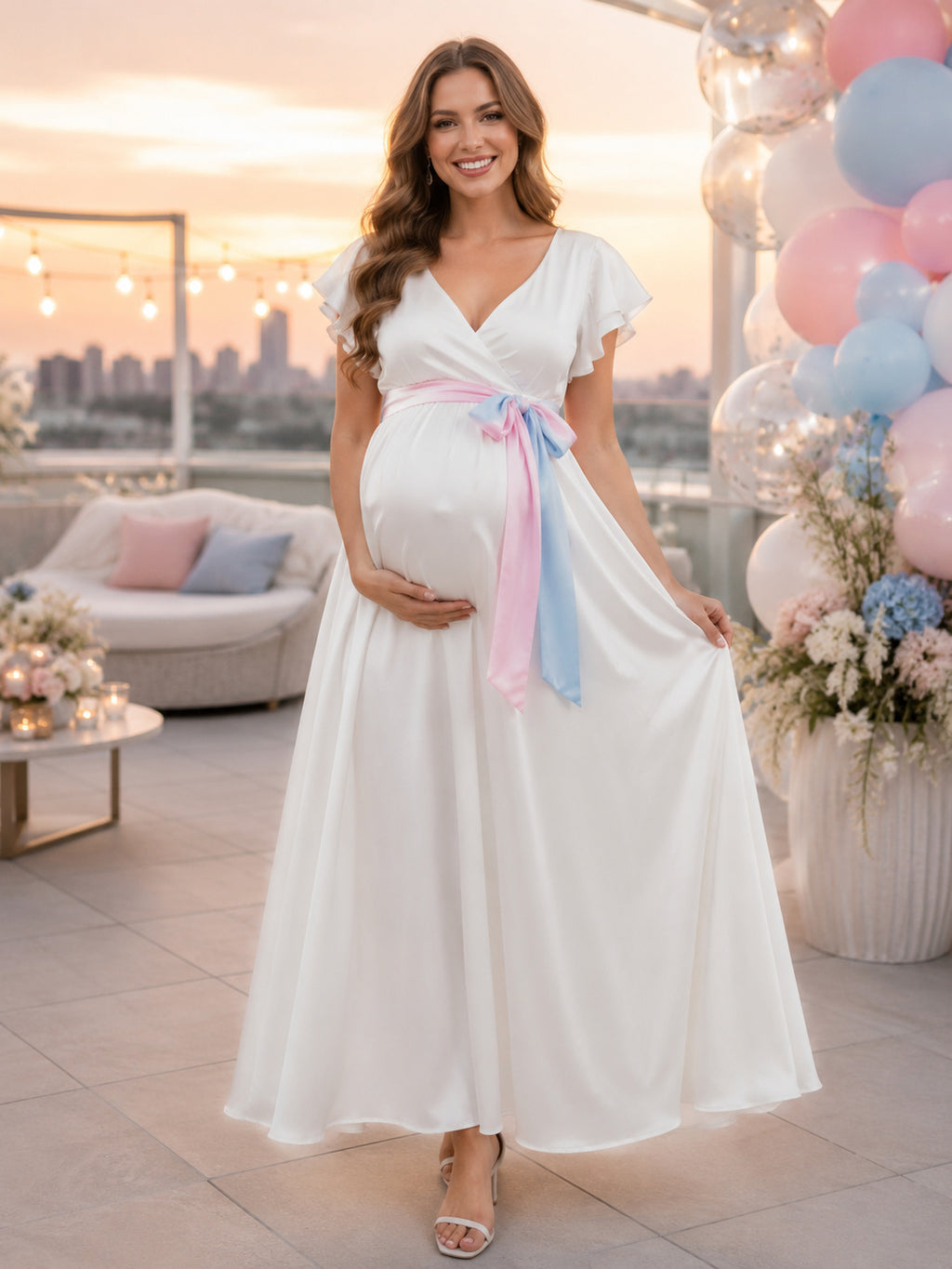Ivory Gender Reveal Maternity V Neck Flutter Sleeve Ribbon Satin Ankle Length Party Dress front view