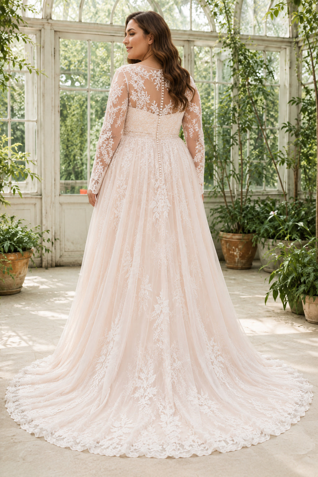 Plus Size Ivory V-Neck Long Illusion Sleeve Lace Tulle A-Line Wedding Dress with Illusion Sleeves and Tulle Chapel Train back