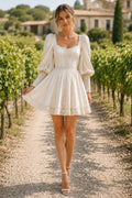 Ivory Square Neck Puff Sleeve Satin Mini Reception Dress for Wedding Reception and Party front view